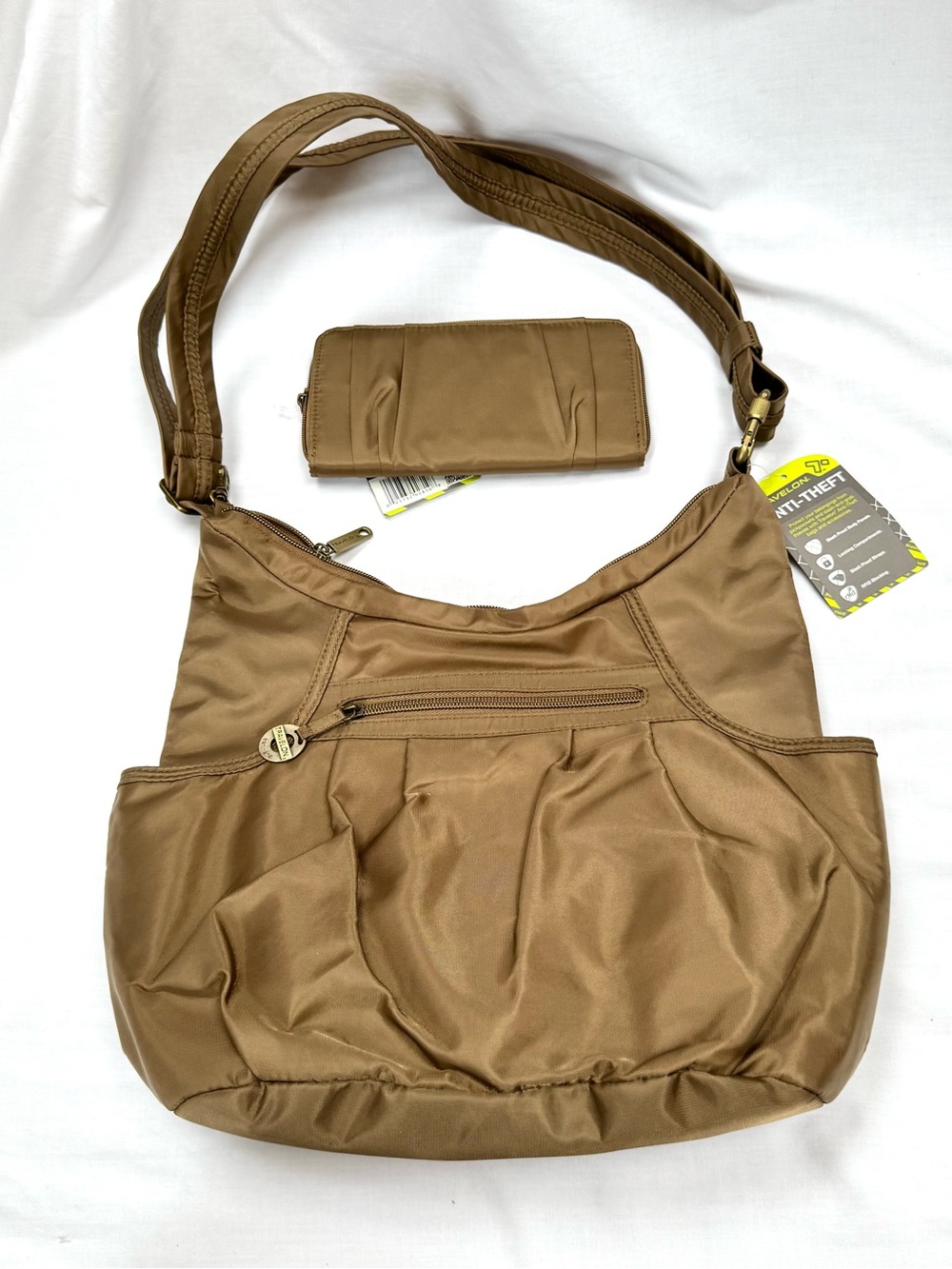 New Travelon Anti-Theft Crossbody Bag and Safe ID Wallet Set Gold NWT Travel